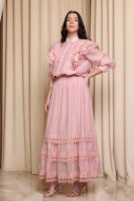 Σετ πουκάμισο - φούστα με βολάν και  δαντέλα ροζ - Image 4