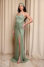 Φόρεμα maxi στράπλες γοργονέ με δίχτυ και στρας μέντα - Image 3