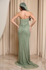 Φόρεμα maxi στράπλες γοργονέ με δίχτυ και στρας μέντα - Image 4