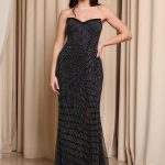 Φόρεμα maxi στράπλες γοργονέ με δίχτυ και στρας μαύρο