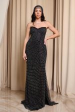 Φόρεμα maxi στράπλες γοργονέ με δίχτυ και στρας μαύρο