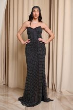 Φόρεμα maxi στράπλες γοργονέ με δίχτυ και στρας μαύρο - Image 2