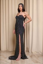 Φόρεμα maxi στράπλες γοργονέ με δίχτυ και στρας μαύρο - Image 4