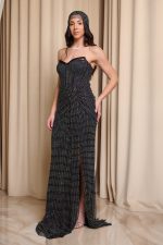 Φόρεμα maxi στράπλες γοργονέ με δίχτυ και στρας μαύρο - Image 5