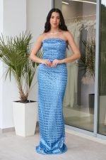 Φόρεμα maxi στράπλες με δίχτυ και τρισδιάστατο γκλίτερ indigo - Image 2