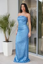 Φόρεμα maxi στράπλες με δίχτυ και τρισδιάστατο γκλίτερ indigo - Image 3