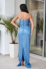 Φόρεμα maxi στράπλες με δίχτυ και τρισδιάστατο γκλίτερ indigo - Image 5