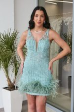 Φόρεμα mini με τρισδιάστατο γκλίτερ και feathers μέντα - Image 2