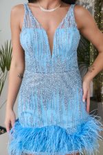 Φόρεμα mini με τρισδιάστατο γκλίτερ και feathers baby blue - Image 6