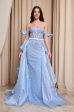 Φόρεμα maxi με στρας και αποσπώμενη ουρά baby blue