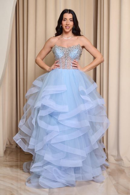 Φόρεμα maxi με διακοσμημένο μπούστο και βολάν baby blue