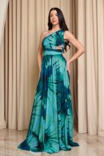 Φόρεμα maxi one shoulder με λεπτομέρεια στρας πράσινο - Image 4