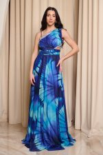 Φόρεμα maxi one shoulder με λεπτομέρεια στρας μπλε - Image 3