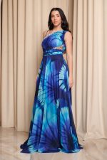 Φόρεμα maxi one shoulder με λεπτομέρεια στρας μπλε - Image 4