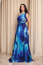 Φόρεμα maxi one shoulder με λεπτομέρεια στρας μπλε - Image 5