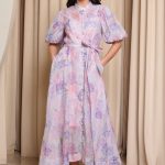 Φόρεμα midi με στρας και balloon μανίκια ροζ - λιλά