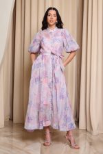 Φόρεμα midi με στρας και balloon μανίκια ροζ - λιλά