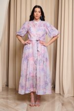 Φόρεμα midi με στρας και balloon μανίκια ροζ - λιλά - Image 2