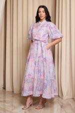 Φόρεμα midi με στρας και balloon μανίκια ροζ - λιλά - Image 4