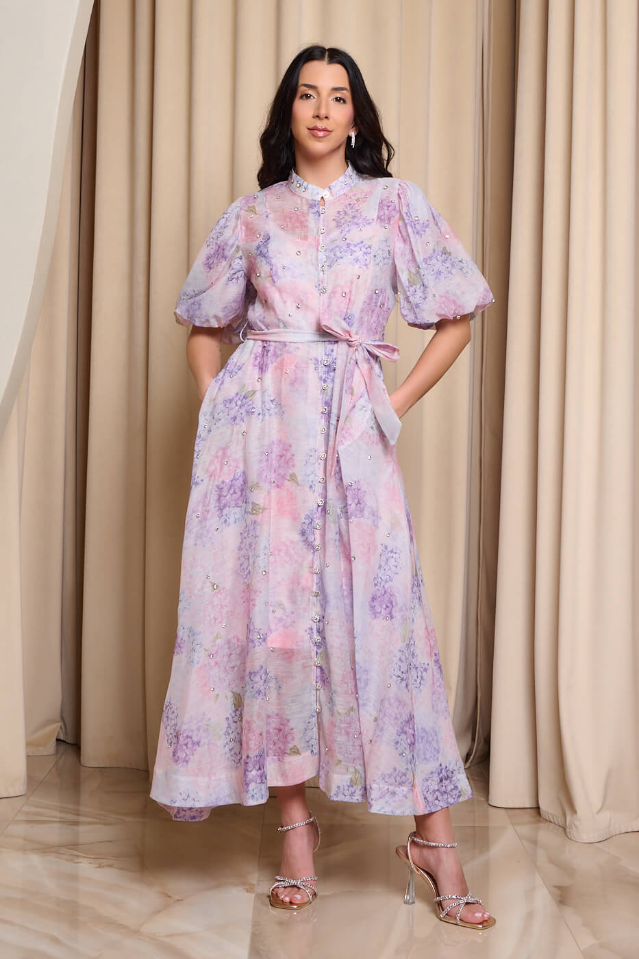 GA-2182 Φόρεμα midi με στρας και balloon μανίκια ροζ - λιλά