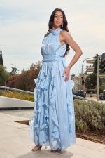 Φόρεμα maxi αμάνικο με βολάν baby blue - Image 3