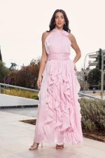 Φόρεμα maxi αμάνικο με βολάν baby pink
