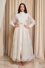 Φόρεμα maxi με δαντέλα και ζώνη μπεζ