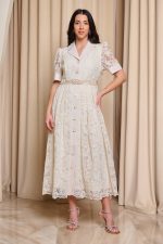 Φόρεμα midi με δαντέλα και boho ζώνη μπεζ