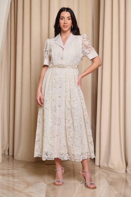 Φόρεμα midi με δαντέλα και boho ζώνη μπεζ