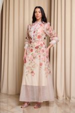 Φόρεμα maxi floral με λεπτομέρεια στρας μπεζ - Image 4