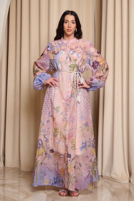 Φόρεμα maxi floral με 3D λουλούδια σομόν