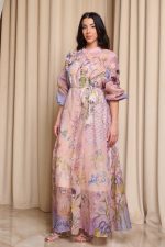 Φόρεμα maxi floral με 3D λουλούδια σομόν - Image 3