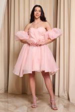 Φόρεμα mini με 3D λουλούδι και αποσπώμενα μανίκια σομόν