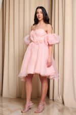 Φόρεμα mini με 3D λουλούδι και αποσπώμενα μανίκια σομόν - Image 3