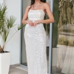 Φόρεμα maxi στράπλες με παγιέτες και χάντρες άσπρο