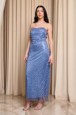 Φόρεμα maxi στράπλες με παγιέτες και χάντρες dusty blue - Image 3