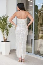 Φόρεμα maxi στράπλες με παγιέτες και χάντρες άσπρο - Image 4