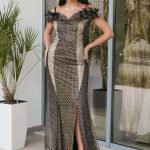 Φόρεμα maxi off shoulder με 3D λεπτομέρεια χρυσό