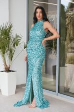 Φόρεμα maxi με παγιέτες και halter λαιμόκοψη μέντα - Image 3