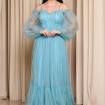 Φόρεμα maxi off shoulder με τούλι τιρκουάζ