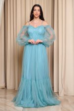 Φόρεμα maxi off shoulder με τούλι τιρκουάζ