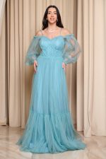 Φόρεμα maxi off shoulder με τούλι τιρκουάζ - Image 2