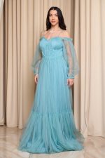 Φόρεμα maxi off shoulder με τούλι τιρκουάζ - Image 3