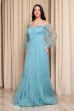 Φόρεμα maxi off shoulder με τούλι τιρκουάζ - Image 4