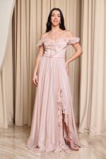 Φόρεμα maxi off shoulder με τρισδιάστατο γκλίτερ απαλό ροζ