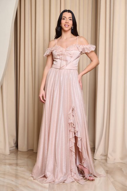Φόρεμα maxi off shoulder με τρισδιάστατο γκλίτερ απαλό ροζ