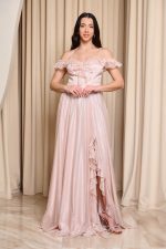 Φόρεμα maxi off shoulder με τρισδιάστατο γκλίτερ απαλό ροζ - Image 2