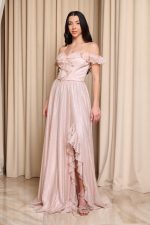Φόρεμα maxi off shoulder με τρισδιάστατο γκλίτερ απαλό ροζ - Image 3