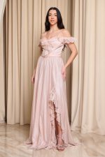 Φόρεμα maxi off shoulder με τρισδιάστατο γκλίτερ απαλό ροζ - Image 4