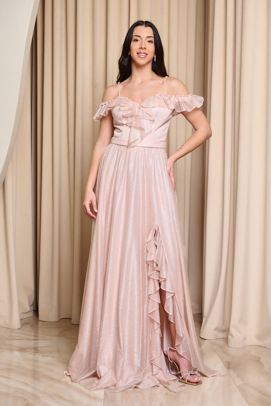 GA-2199 Φόρεμα maxi off shoulder με τρισδιάστατο γκλίτερ απαλό ροζ